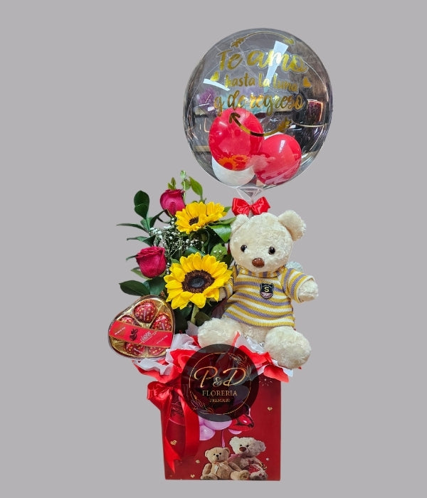 Cajita de rosas Chocolate corazon, Peluche, Globo