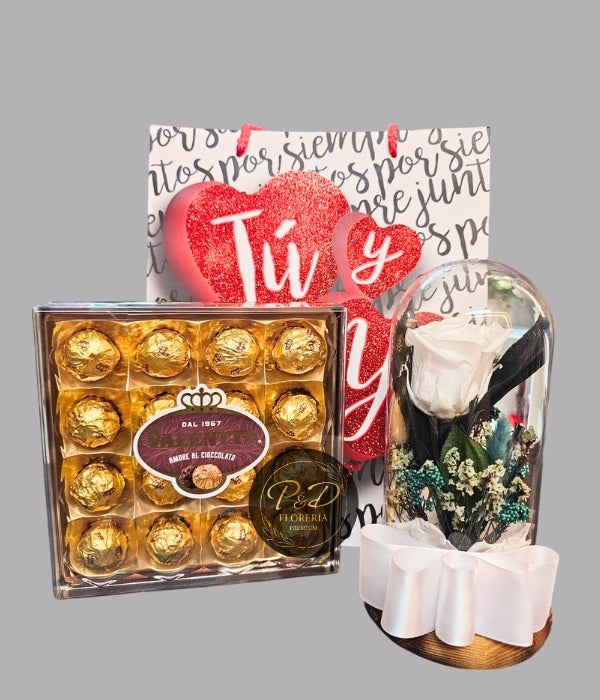 Rosa Blanca Preservada con Flores Secas y Chocolate