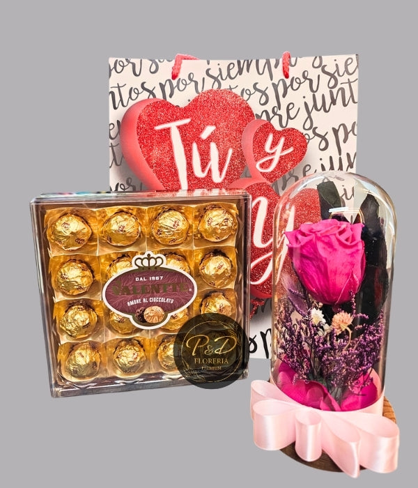 Rosa Fucsia Preservada con flores secas + Chocolate