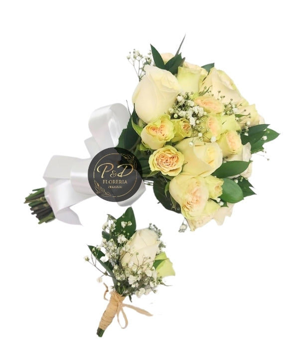Ramo novias Rosas y mini rosas blancas + Botonier