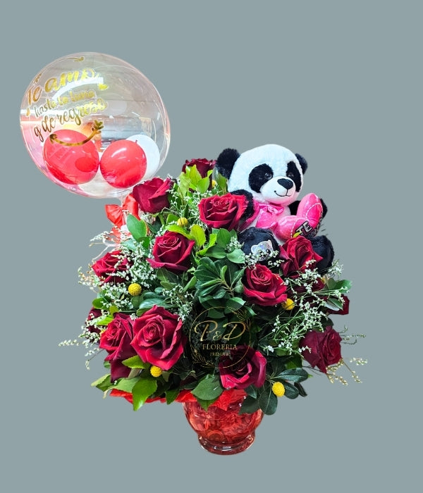Pecera 12 Rosas Rojas,Craspedia Globo y peluche