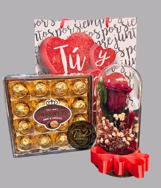 Rosa Roja Preservada con Flores secas + Chocolate