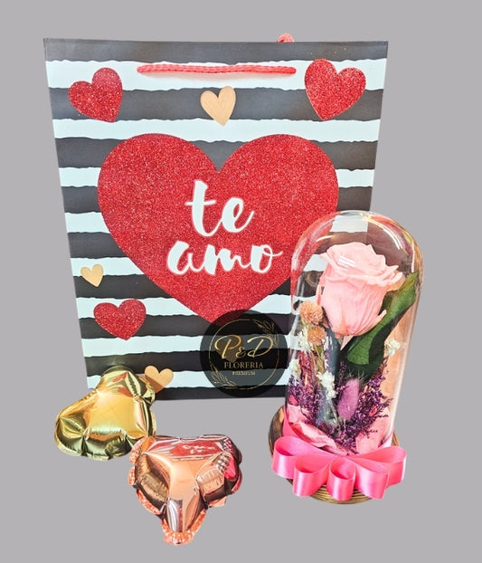 Rosa Rosada Preservada con flores secas