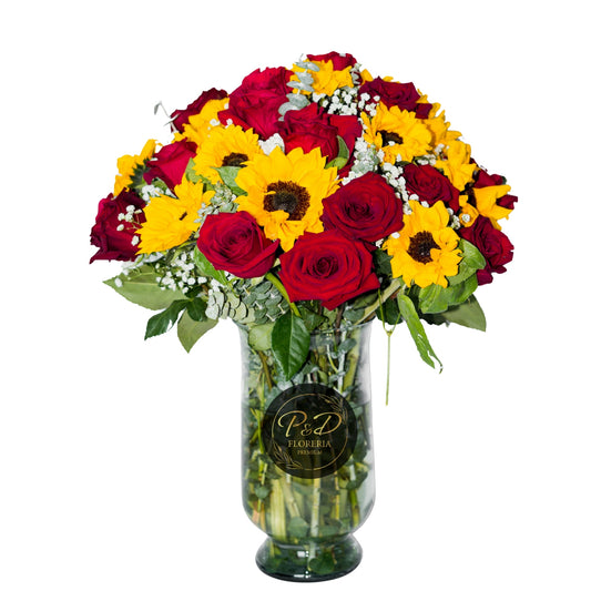 Florero Rosas Rojas y Girasoles 30 varas