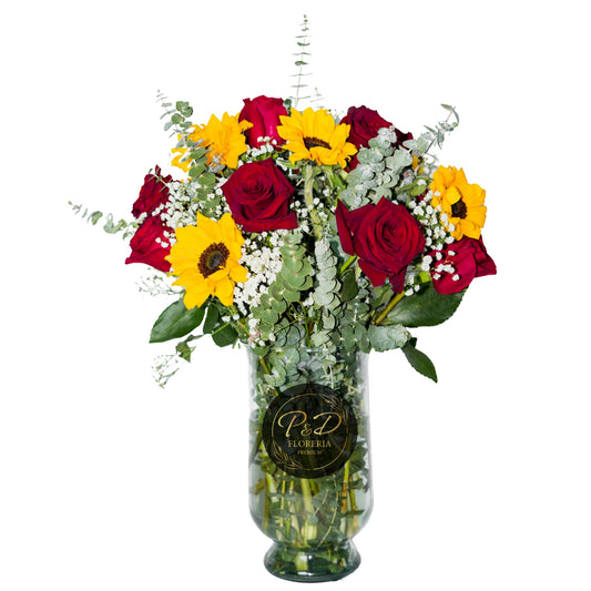 Florero Rosas Rojas y Girasoles 20 varas