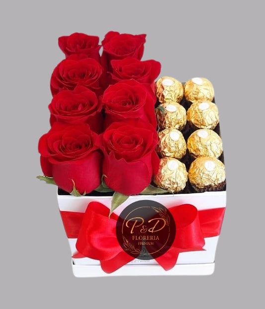 Cajita 8 Rosas y 8 Ferrero Rocher