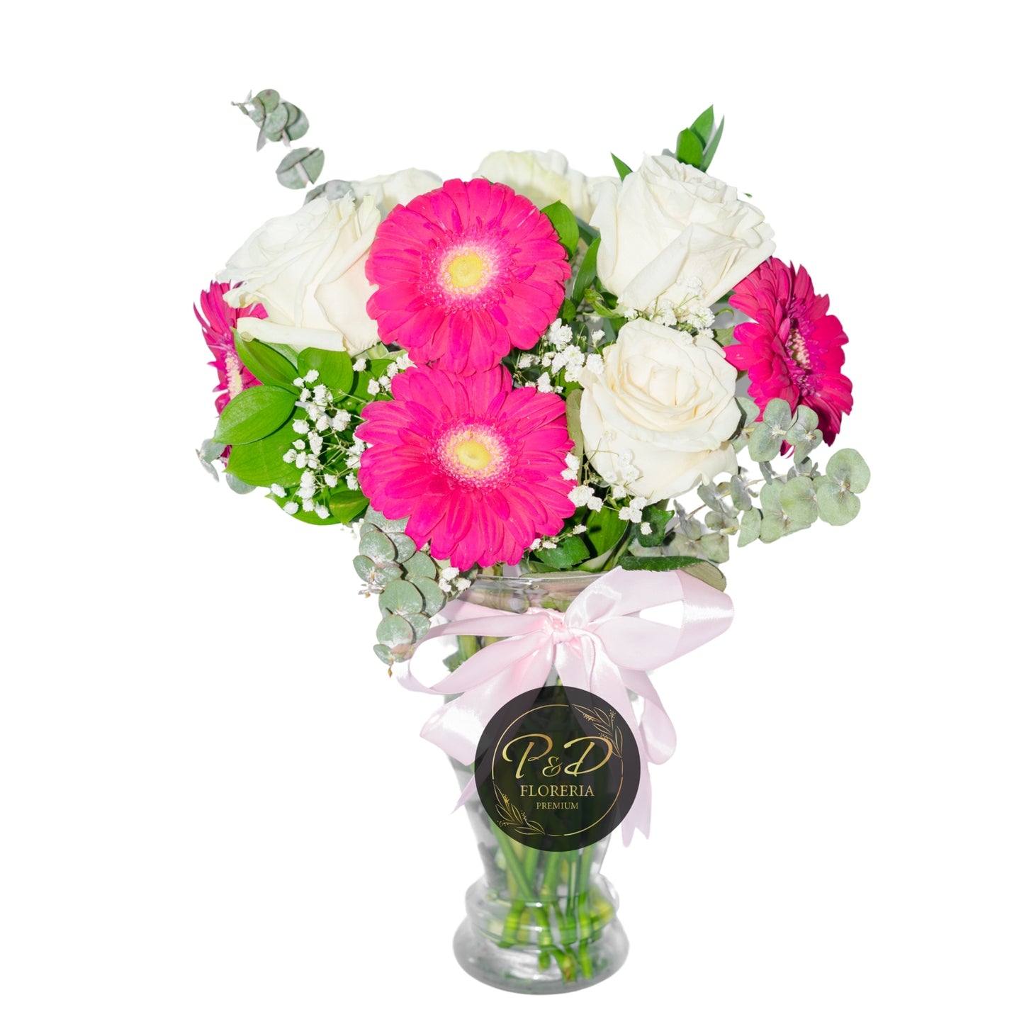 Florero Rosas Blancas y Gerberas Fucsias 10 varas
