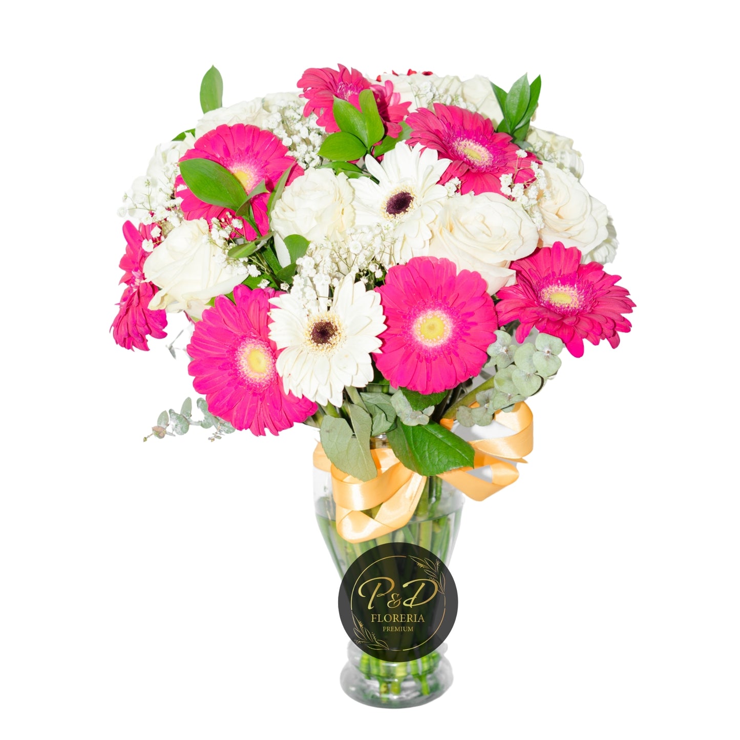 Florero Rosas Blancas y Gerberas Fucsias 20 varas