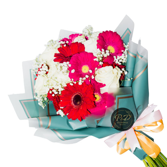 Ramo Rosas Blancas y Gerberas 18 varas