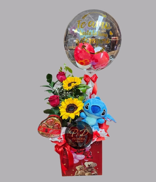 Cajita de rosas y girasoles, Chocolate Corazon, Stitch pequeño y Globo
