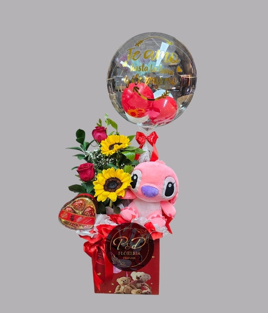 Cajita de rosas y girasoles, Chocolate Corazon, Peluche Angel y Globo